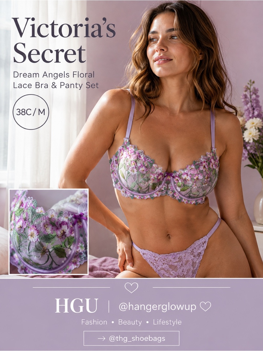 Victoria’s Secret Dream Angels Floral Embroidered Bra & V-String Set 38C/M NWT